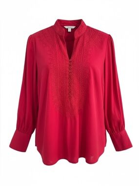 VTG Cambridge Dry Goods Red Blouse Embroidered Button Front Long Sleeve Size L